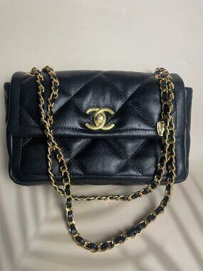 Chanel Black Lambskin Quilted Chain Flap Bag
